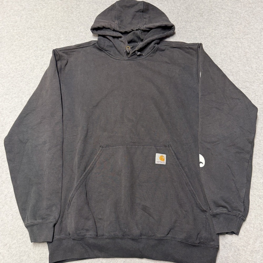 Carhartt Hoodie Mens Medium Black Sleeve Logo Fleece Pullover Sweatshirt K288